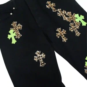Chrome Hearts green and leopard cross patch black denim chrome heart jeans with neon suede and pony hair crosses.