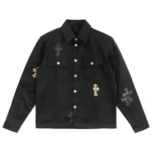 Chrome Hearts Leopard Cross Patch Work Dog Shirt Jacket in black with silver hardware and calf hair patches.
