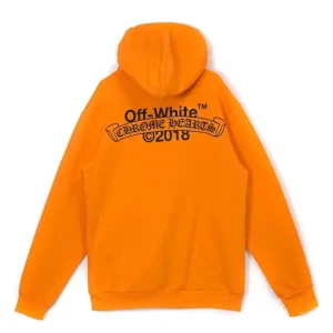 Back view of the authentic Off-White x Chrome Hearts 2018 hoodie in vibrant orange featuring the black co-branded scroll graphic.