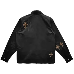 Chrome Hearts Work Dog black shirt jacket featuring signature leather cemetery cross patches in mixed leopard print cow-hair and black lambskin.