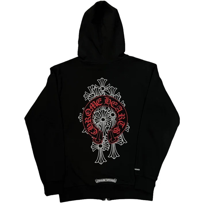 Black Chrome Hoodie With Red Cross