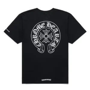 Black Chrome Hearts T-shirt featuring the white Horseshoe logo and CH Plus cross graphic on the back