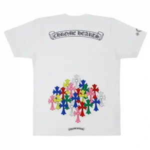 Chrome Hearts multi color cross cemetery t-shirt white back view showing signature gothic multicolored cross patch stacked crosses
