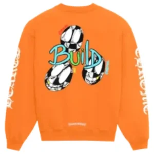 Back view of the authentic Chrome Hearts x Matty Boy Link & Build graphic print orange hoodie sweatshirt featuring signature white script branding on sleeves and colorful checkered face graphics.