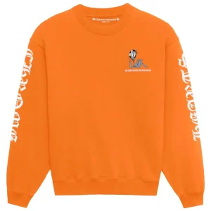 Front view of the authentic orange Chrome Hearts x Matty Boy Link crewneck sweatshirt featuring a light blue Link balloon graphic on the left chest and white gothic script branding on both sleeves.